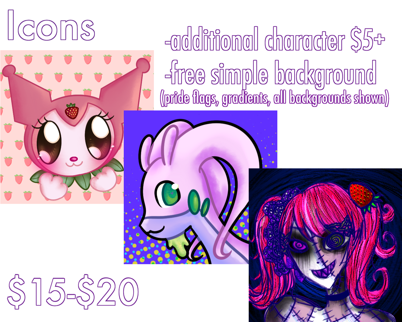 Icons commission sheet, icons are $15 to 20 USD with additional characters being $5+. free simple backgrounds are provided